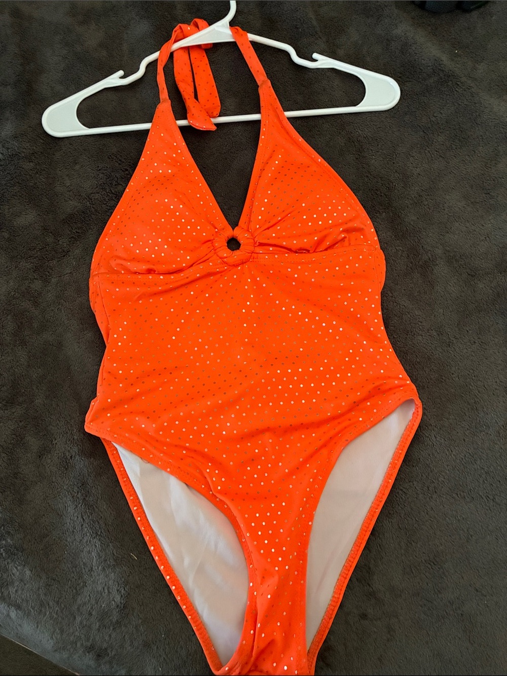 Girls' Bright Orange Halter One-Piece Swimsuit with Ring Accent